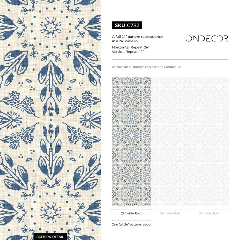 May include: A blue and white floral pattern wallpaper with a repeating design. The pattern is 24 inches wide and repeats once in a 24 inch roll. The wallpaper has a horizontal repeat of 24 inches and a vertical repeat of 12 inches. The wallpaper is available in a 24 inch wide roll. The wallpaper is from ONDECOR.