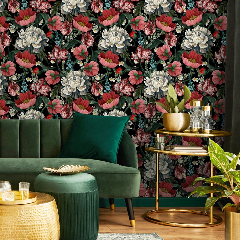 Vintage Botanical Peony Flower Wallpaper / Peel and Stick Wallpaper ...