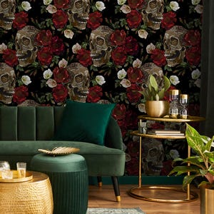 Dark Floral and Skull Wallpaper Maximalist Wallpaper Peel and Stick and Traditional Wallpaper - D905