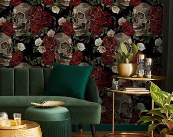 Dark Floral and Skull Wallpaper Maximalist Wallpaper Peel and Stick and Traditional Wallpaper - D905