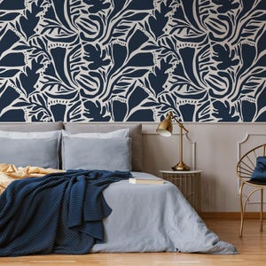 Navy Abstract Leaf Wallpaper Modern Wallpaper Peel and Stick and Traditional Wallpaper - D640