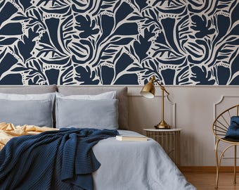 Navy Abstract Leaf Wallpaper Modern Wallpaper Peel and Stick and Traditional Wallpaper - D640