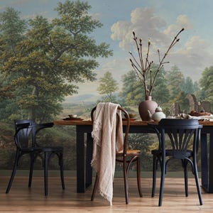 Scenic Wallpaper of a Vintage Countryside Landscape in Green, Blue, and Brown - E319