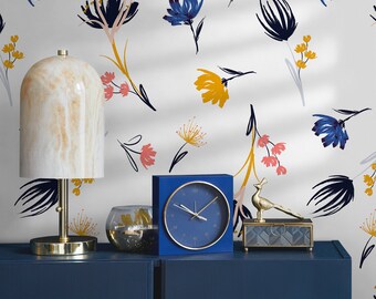 Floral Wallpaper in Blue, Yellow, and Pink on White - Peel and Stick - B876