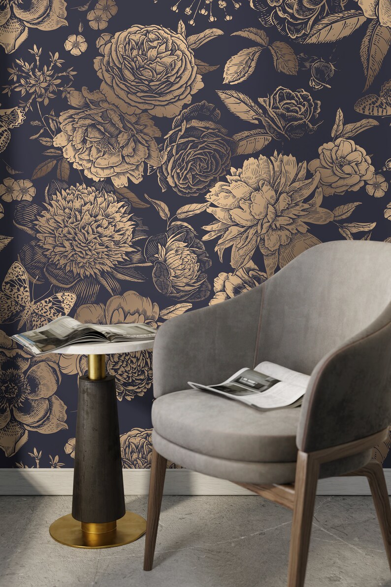 Removable Wallpaper Peel and Stick Wallpaper Wall Paper Wall Mural - Vintage Flower Non-Metalic Gold Color - A922