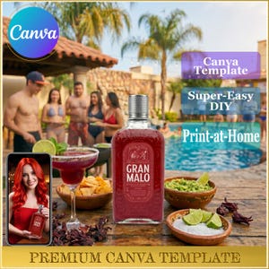 Puede incluir: Una botella de licor "Gran Malo" con tapón plateado, junto a una margarita, patatas fritas, guacamole y limas. La imagen incluye el texto "Canva Template", "Super-Easy DIY" y "Print-at-Home".
