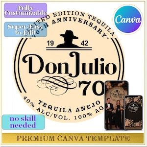 Puede incluir: Un diseño de plantilla de Canva para Don Julio 70 Tequila. El diseño presenta un logotipo circular con el texto "Don Julio 70" y "1942". El diseño incluye dos maquetas de teléfonos inteligentes y el texto "Premium Canva Template".