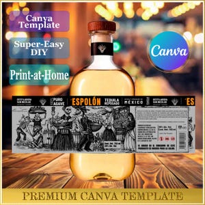 May include: A clear glass bottle of Espolón Reposado tequila with a wooden cork stopper. The label features a black and white illustration of skeletons in a market setting, with text including 100% Puro Agave, 38% Alc. Vol., and 750 ml.
