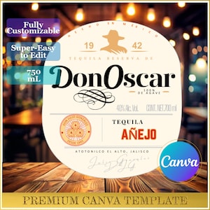 Puede incluir: Un diseño de etiqueta de tequila con el texto "DonOscar" en una fuente decorativa. La etiqueta incluye el texto "100% de Agave", "Añejo" y "700 ml". El diseño también presenta el texto "Hecho en Mexico" y "1942".