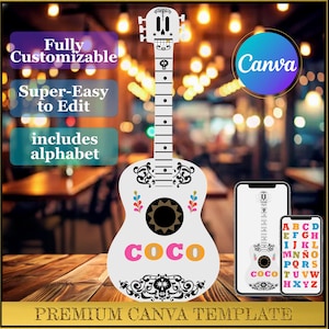 Può includere: Un design di chitarra bianca con una paletta a forma di teschio e la parola "COCO" in rosa e arancione. Il design include accenti floreali colorati ed elementi decorativi neri. L'immagine include anche un telefono e un tablet che mostrano il design della chitarra e l'alfabeto.