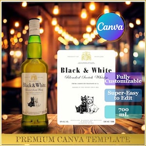 Puede incluir: Una botella de whisky escocés mezclado Black & White con una etiqueta blanca con el nombre de la marca, una ilustración de perro en blanco y negro y texto. La botella contiene 700 ml de whisky. La imagen también incluye texto de plantilla de Canva.