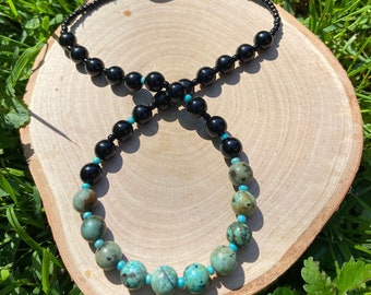 African Turquoise and Black Tourmaline Choker Necklace l Western Inspired Wear