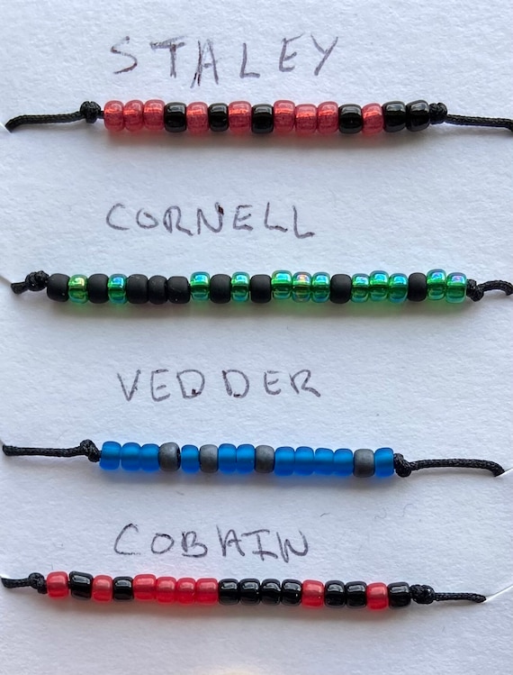 Grunge Gods Set - Layne Staley, Chris Cornell, Eddie Vedder & Kurt Cobain Morse Code Slide Bracelets, Seattle Sound, 90s