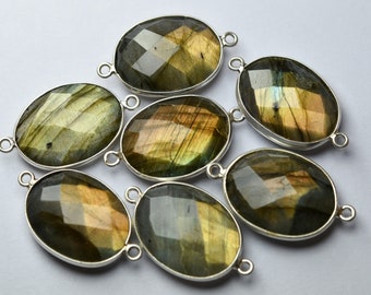 925 Sterling Silver,Yellow Flash Labradorite Faceted Oval Shape Connector Shape,4 Piece Of 21mm App.