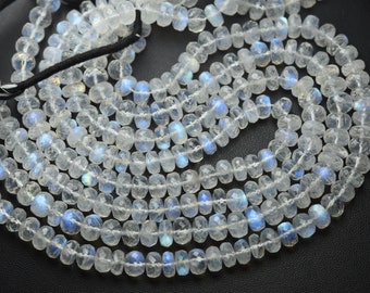 Natural White Rainbow Moonstone Rondelle Smooth Beads 5-6 mm Blue Flashy 13/"