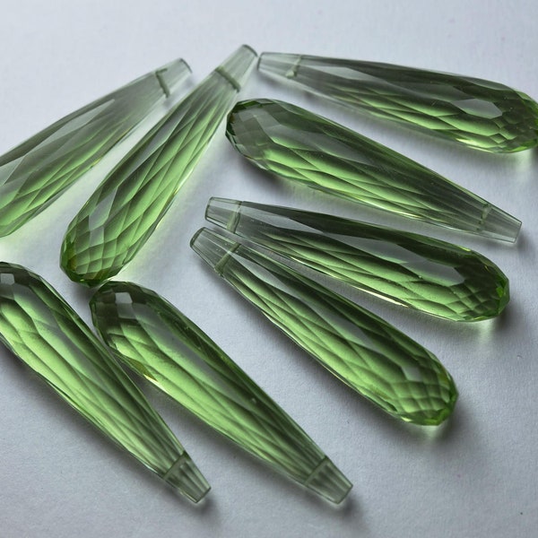 Side Drilled,3 Matched Pair,Peridot Green Quartz Elongated Faceted Drops Shape Briolettes,35mm Long