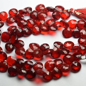 Puede incluir: Una hebra de cuentas de piedras preciosas rojas con superficies facetadas. Las cuentas están enhebradas en un cordón delgado y tienen un borla en cada extremo.