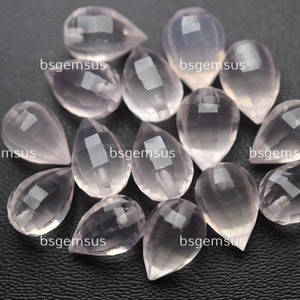 Half Drilled,2 Mtched Pair,Super Finist,Natural Rose Quartz Faceted Drops Shape Briolettes,Size 7x10mm