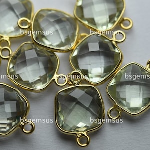 925 Sterling Vermeil Silver,Natural Green Amethyst Faceted Cushion Shape Connector,3 Piece Of  17mm App.