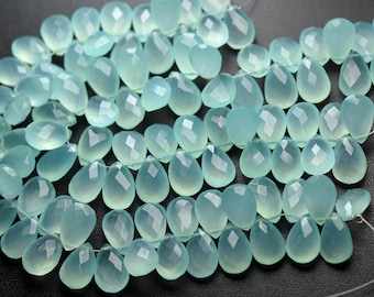 7 Inches Strand,Super Finest,Aqua Chalcedony Faceted Pear Shape Briolettes,Size 7x10mm