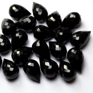 Half Drilled Button Side,2 Matches Pair,Super Finest Quality,Black Onyx Faceted Drops Shape Briolettes,Size 8x12mm