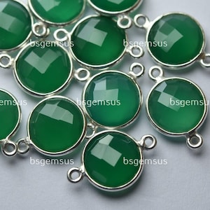 925 Sterling Silver,Natural Green Onyx Faceted Coins Shape Pendant 17mm - 5 pcs