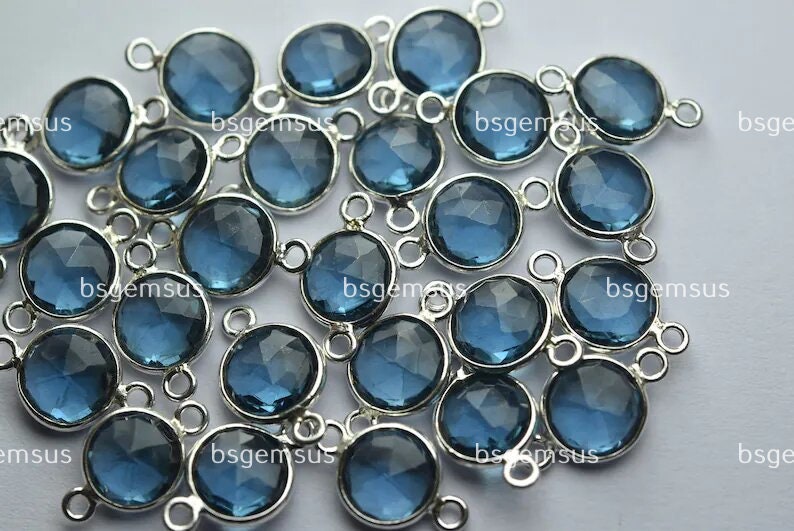925 Sterling Silver,London Blue Hydro Quartz Faceted Coins Shape Connector,5 Piece Of 15mm App. Silver