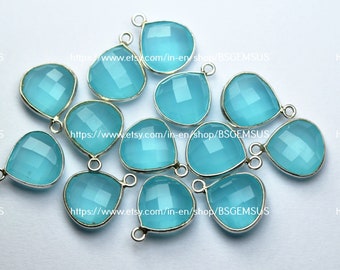 925 Sterling Silver,Aqua Chalcedony Quartz Faceted Heart Pendant,4 Piece Of  16mm