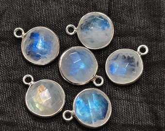 925 Sterling Silver,Rainbow Moonstone Faceted Coins Shape Connector,5 Piece Of  14mm App.