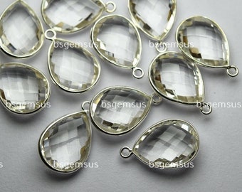 925 Sterling Silver,Rock Crystal Quartz Faceted Pear Shape Pendant,2 Piece Of 18mm App.