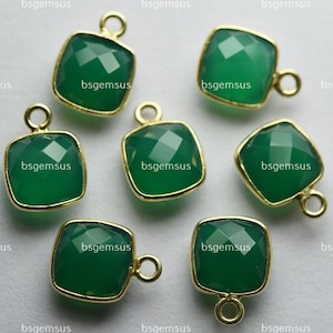 925 Sterling Vermeil Silver,Natural Green Onyx Faceted Cushion Shape Connector,2 Piece Of  16mm App.