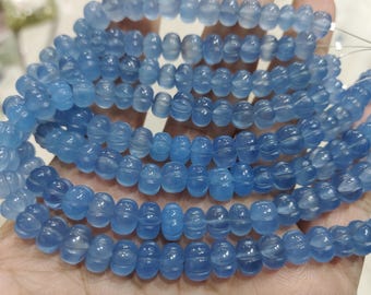 8 Inch strand, Blue Chalcedony Smooth Carved Melon Shape Rondelles, Size. 7-8mm