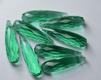 1 Matched Pair,Emerald Green Quartz Elongated Faceted Drops Shape Briolettes,35mm Long