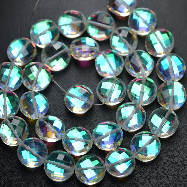 8 Inches Strand,Mystic Rainbow Quartz Faceted Coins Shape,Size 8mm