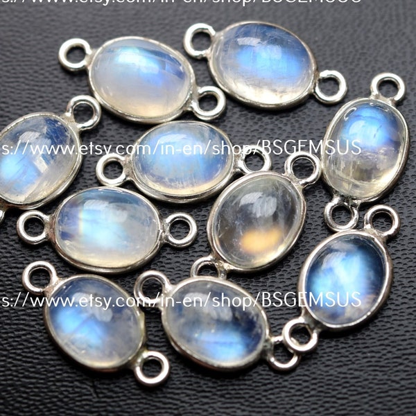 925 Sterling Silver,Rainbow Moonstone Smooth Oval Shape Connector,5 Piece Of 16mm App.