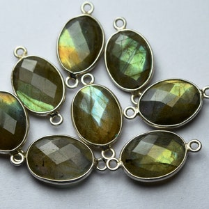 925 Sterling Silver,Yellow Flash Labradorite Faceted Oval Shape Connector Shape,4 Piece Of 21mm App.