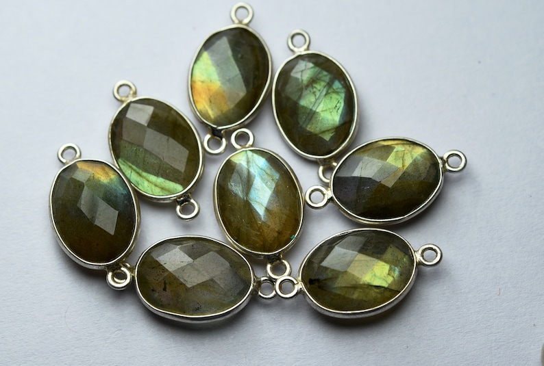 925 Sterling Silver,Yellow Flash Labradorite Faceted Oval Shape Connector Shape,4 Piece Of 21mm App.