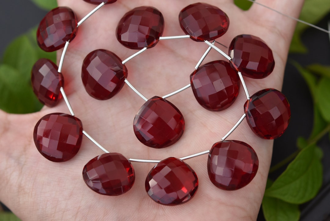 3 Matches Pair, Ruby Red Quartz Faceted Heart Shape Briolettes,size