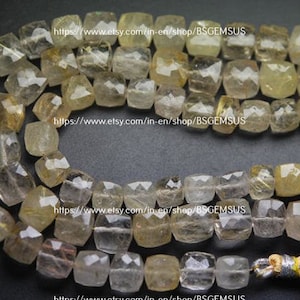 4 Inch Strand,Natural Golden Rutilated Quartz Faceted Box Shaped Beads. 8-9mm