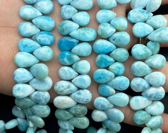 10 piezas, la más alta calidad, briolettes naturales en forma de pera lisa de Larimar, tamaño 15-16 mm