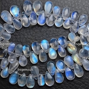 7 inch streng, superfijnste, superzeldzame, blauwe flitsende regenboog maansteen gladde peervorm brioletten, formaat 9-11 mm&quot;