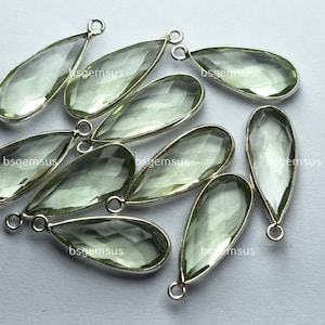 925 Sterling Silver,Natural Green Amethyst Faceted Pear Shape Connector,5 Piece Of  23mm App.