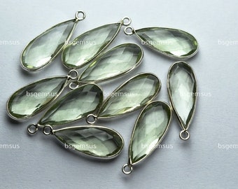 925 Sterling Silver,Natural Green Amethyst Faceted Pear Shape Connector,5 Piece Of  23mm App.