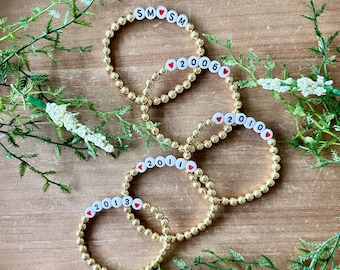 Beaded 14k Gold Filled Personalized Bracelet: Family Name, Birth Year