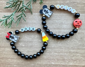 Glow in the Dark Ghost Mickey and Minnie Bracelet, Personalized Halloween Name