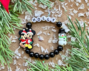 Christmas Mickey and Minnie Mouse Bracelet, Personalized Name, Holiday Beaded Bracelet