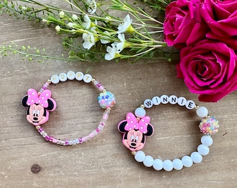 Minnie Mouse Personalized Name Bracelet, Pink and Gold Beads