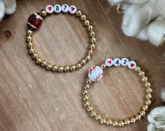 14k Gold Filled Beaded Football/Baseball Bracelet: Custom Number, Mama Bracelet