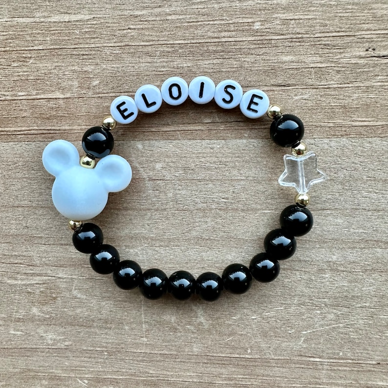 Mickey Mouse Personalized Bracelet, Name Bracelet, Personalized Beaded Name Bracelet, Disney Bracelet, Disneyland Bracelet White/Black