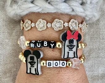 Custom 14k Gold Filled Glow In The Dark Ghost Mickey and Minnie Bracelet, Halloween